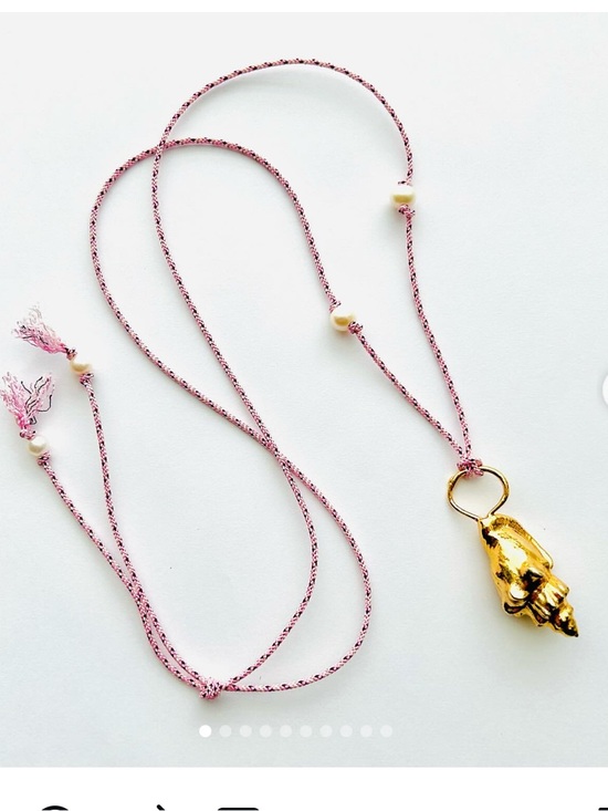 Rosanne Angotti Jewelry - Gold Shell Charm Pendant Necklace with Pink Cord and Pearls